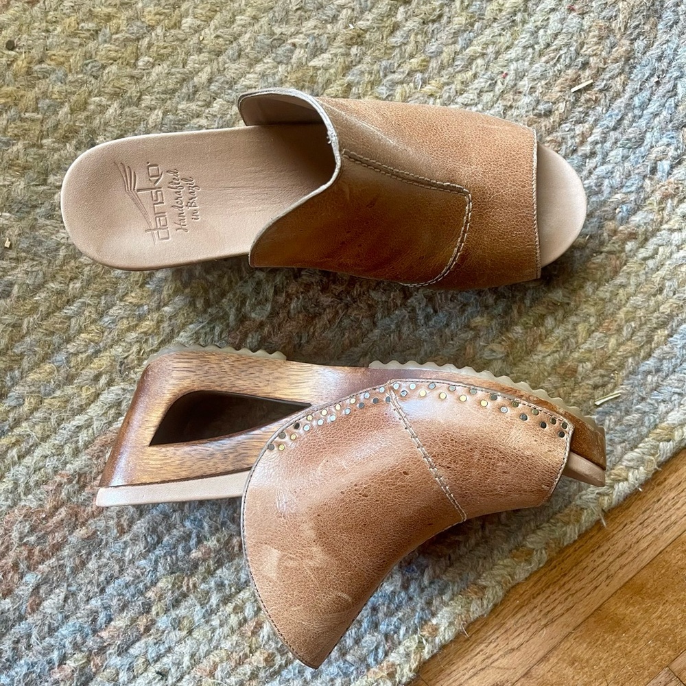 Dansko Cognac Leather Open-Toe Wedge Mules - Picture 3 of 4